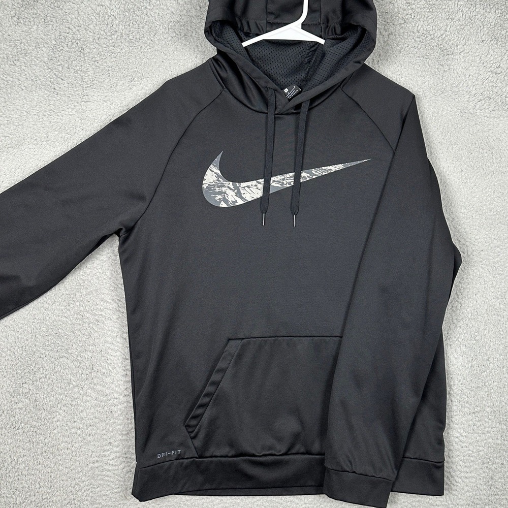 Nike Hoodie Mens Large Black Dri-Fit Graphic Swoosh Sweatshirt Drawstring Pocket